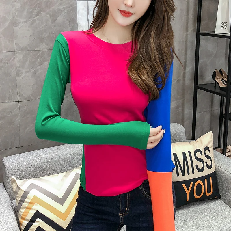 

#5717 Elastic Cotton Long T Shirt Women O Neck Spliced Color Sexy Basic Tight T Shirt Female Plus Size 3XL Streetwear T-shirt