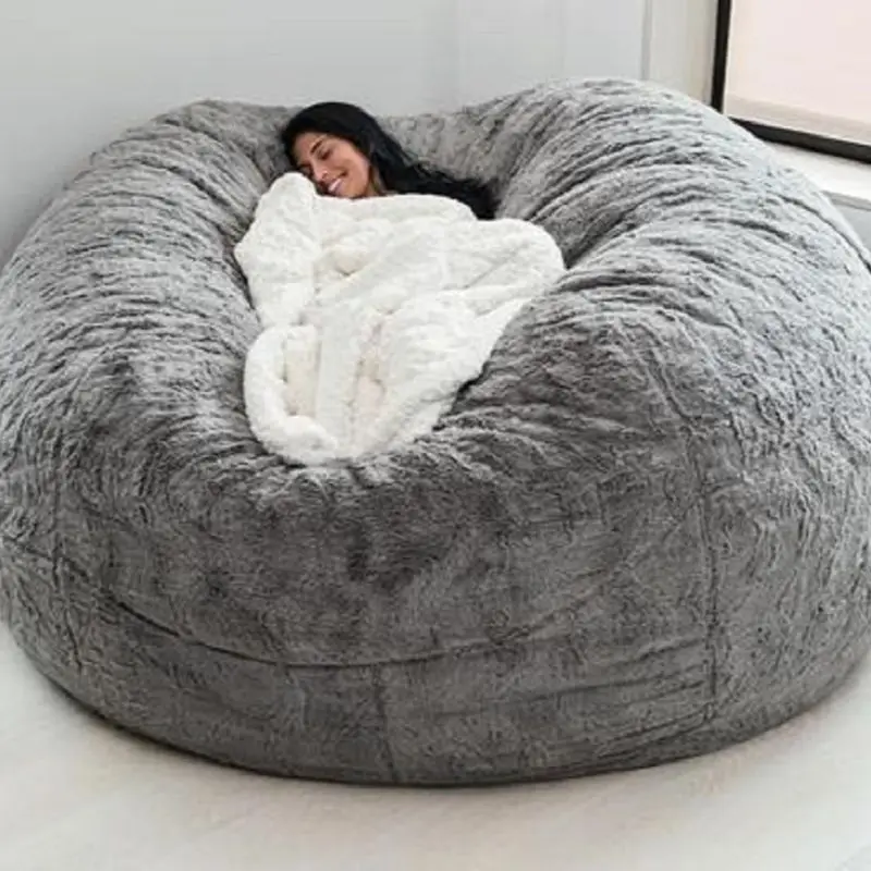 Dropshipping 7ft Giant Bean Bag Cover Living Room Furniture Big Round Soft Fluffy Faux Fur BeanBag Lazy Sofa Bed Coat images - 6