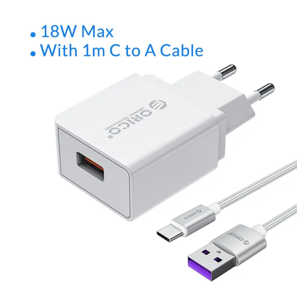 White with cable ORICO QC3.0 USB зарядное устройство для путешествий 18 Вт QC3.0 2,0 Быстрый Мобильный телефон ЕС вилка настенное зарядное устройство адаптер для Xiaomi iPhone samsung huawei - Тип штекера: White with cable