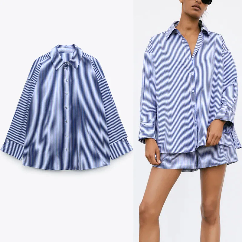 

Женская рубашка с длинным рукавом ZA, свободная повседневная винтажная рубашка в синюю полоску, на пуговицах, лето 2021