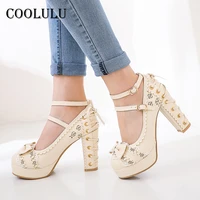 coolulu ankle strap women shoes platform super high heels bow thick heel lolita pumps flower buckle ladies footwear cospaly 42