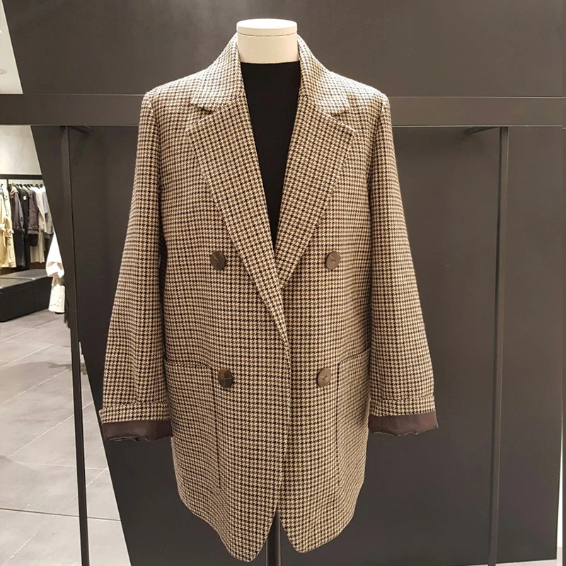 Женский блейзер BGTEEVER повседневный двубортный пиджак в клетку с поясом