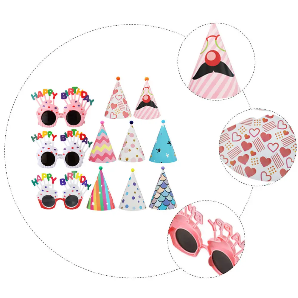 

11Pcs Party Eyeglasses Adorable Pom Poms Birthday Cone Hat Props