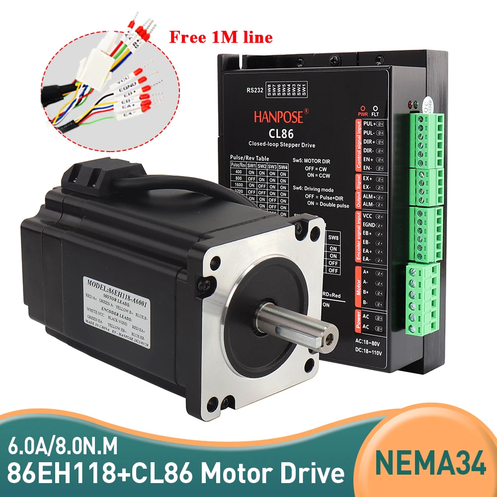 

Free Shipping NEMA34 6.0A 8N.m Step-servo motor 86EH118A6001 Closed Loop Servo Driver CL86 for CNC worm wheel edging machine