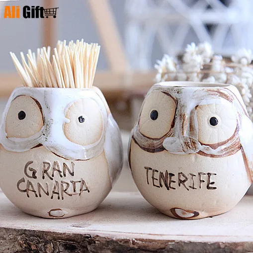 Винтажный керамический держатель для зубочистки с рисунком совы резервуар