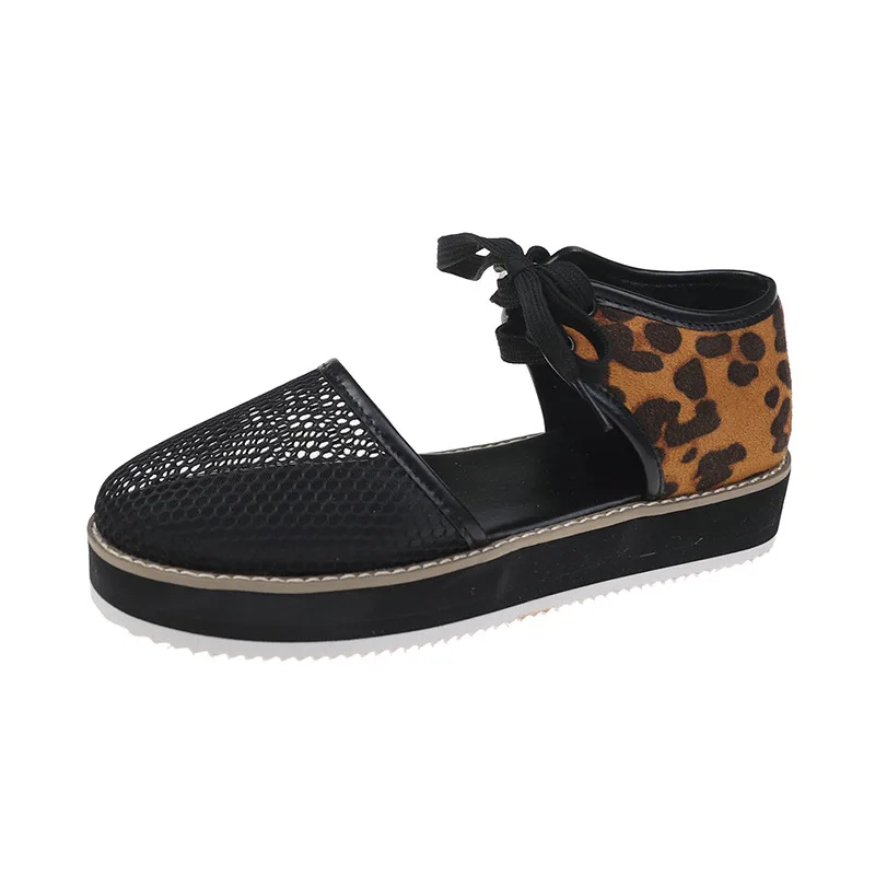 

2021 Summer New Leopard Print Breathable Mesh Hollow Women's Shoes Thick-soled Increased Women's Sandals Casual Shoes