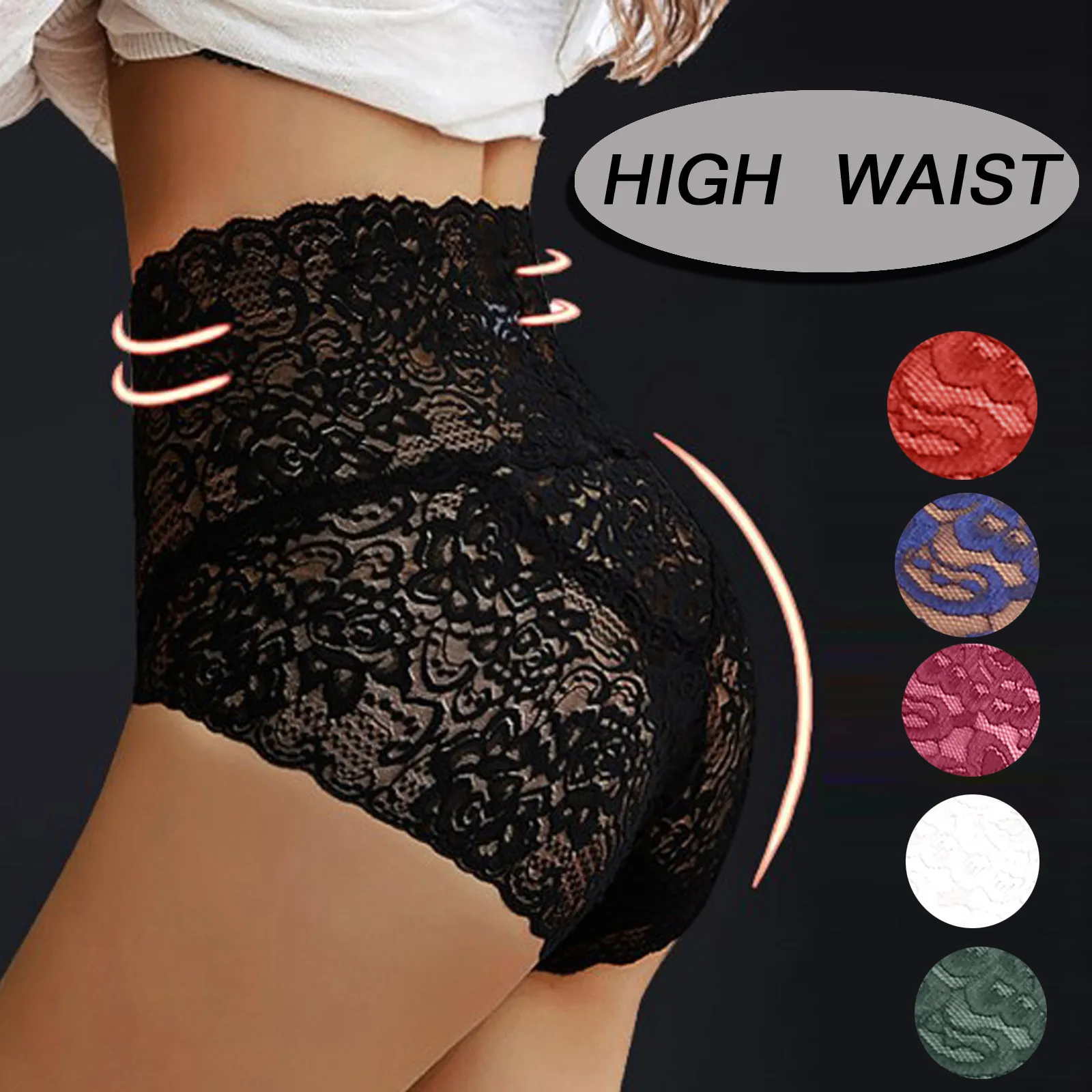 

Women Panties Plus Size Tempting Solid Color Lace Underwear High Waist Hips Lifting Breathable Sexy Lingerie Briefs Hollow Porno