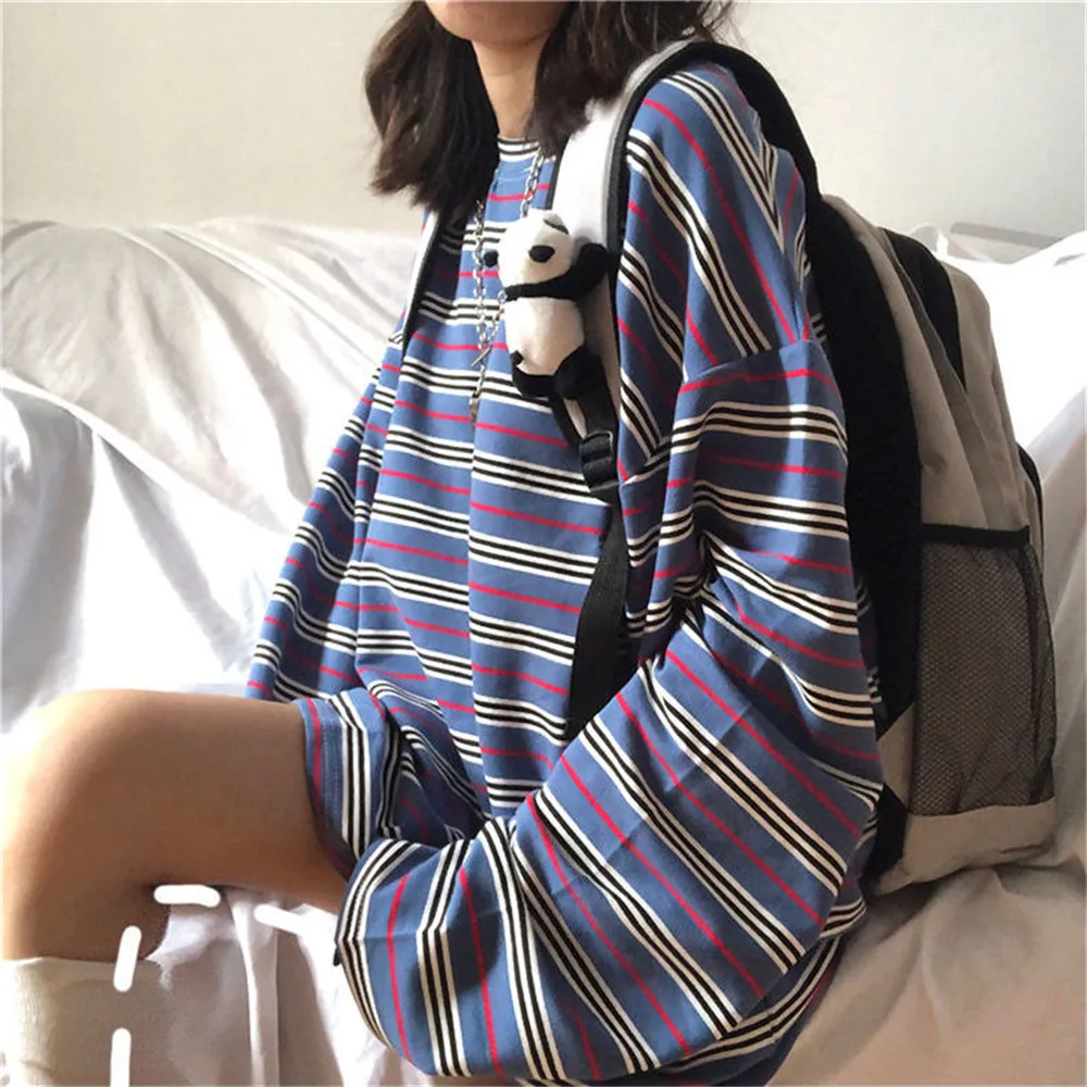 

Cool Striped T Shirt Girl Fashion Women Funny Autumn Cartoon Tops Spring Loose High Street Japan Hip Hop Long Sleeve T Shirt