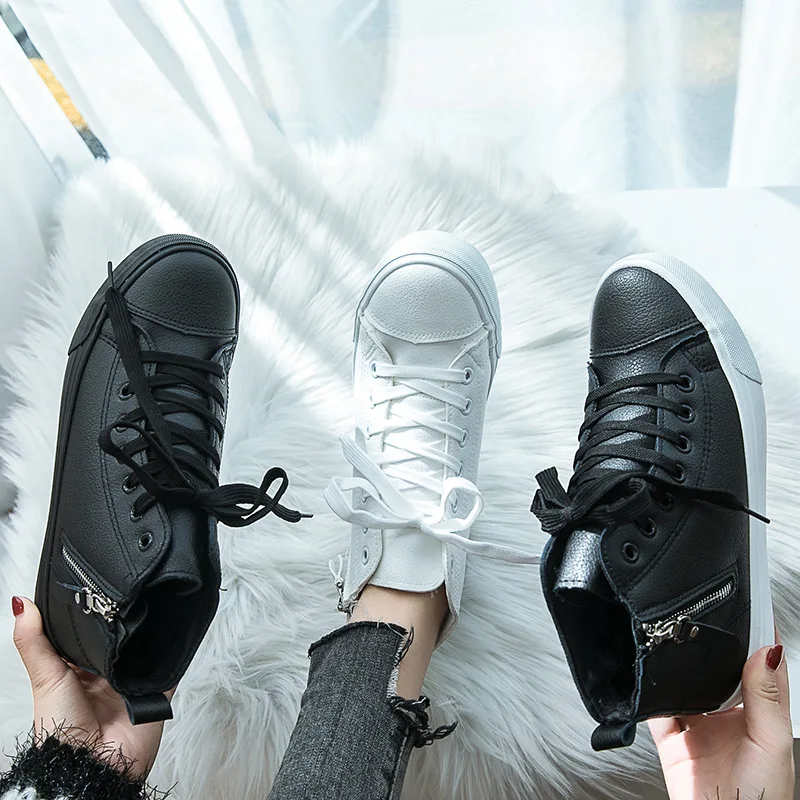 Высокие женские кроссовки на молнии из искусственной кожи белые черные|Женские и