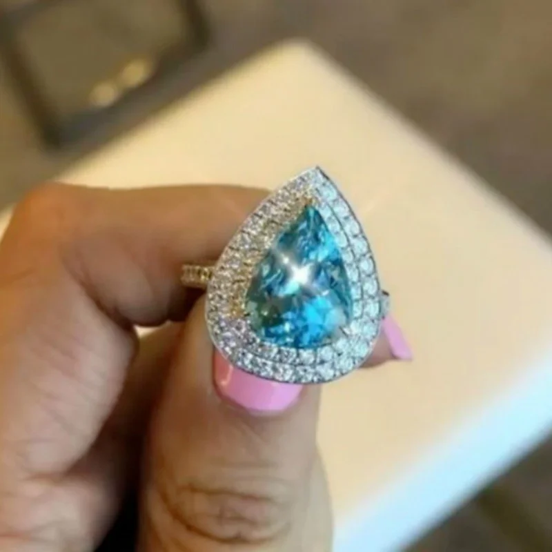 

Exquisite 925 Silver Ocean Blue Diamond Engagement Wedding Ring size 6-10