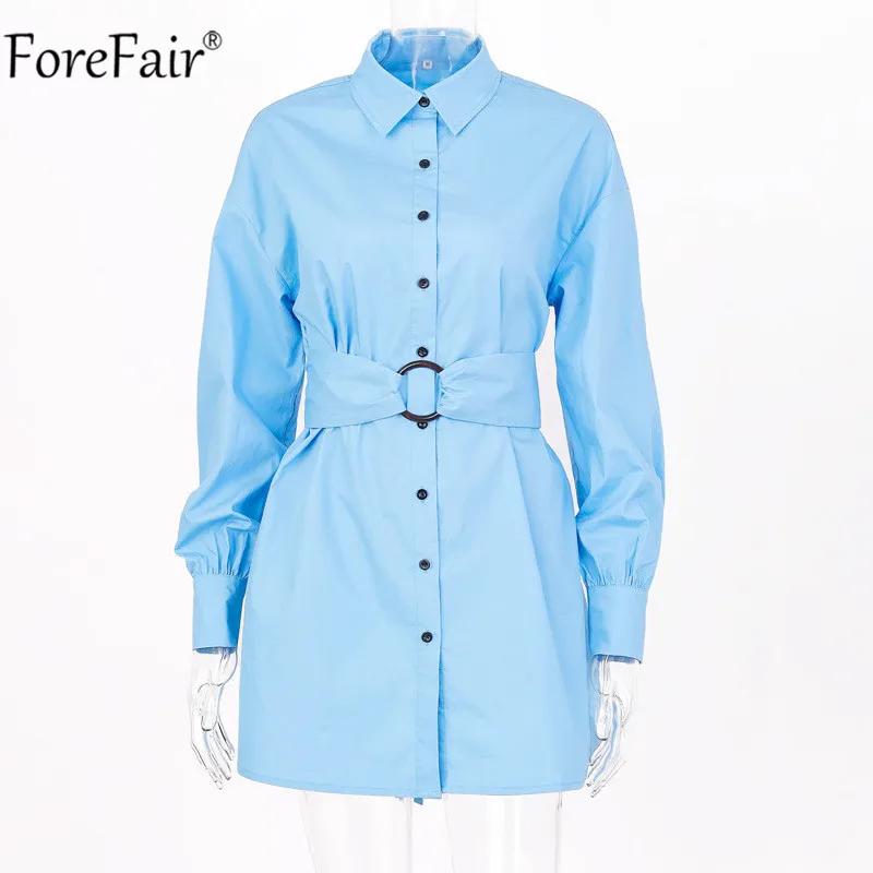 Forefair V образным вырезом пояса для женщин Кнопка белая рубашка платье офис с длинным рукавом трендовые Осень Зима Повседневное мини сексуальные платья