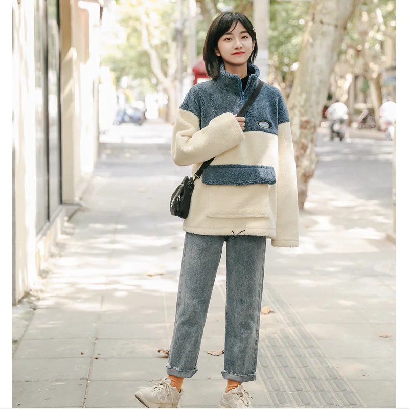 

Autumn Spring Women Hoodies FashionPatchwork Long Sleeve Casual Zipper Female Stand Collar Pullovers Loose Plus Velvet Tops