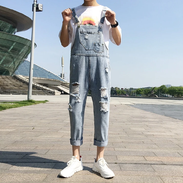 2020 Ripped Man Jeans Bib Youth Overalls Ankle Length Straight Hip Hop Hole Denim Jumpsuits Trousers Leisure Freight Cargo Pants