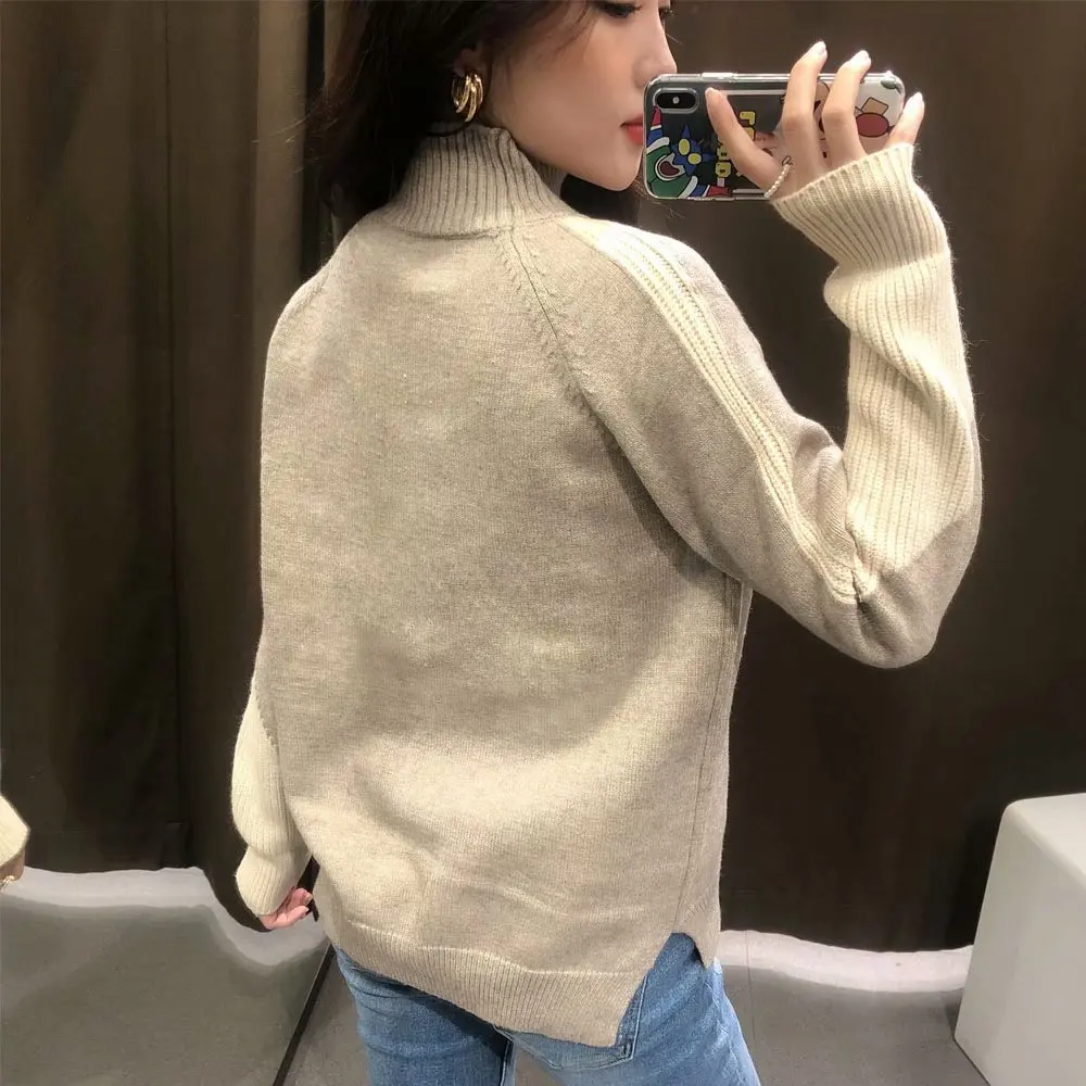 

2020 New Autumn Women Knitted Sweater Patchwork Long Sleeve Turtleneck Pullover Sweater Female Fashion Casual Women Clothes