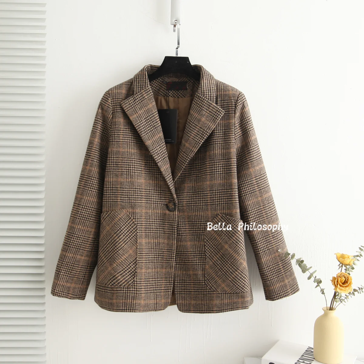 

Bella Philosophy Spring Autumn Vintage Women Plaid Suit Woolen Jacket Ladies Slim Casual Wool Blazer Single Breastered Coat