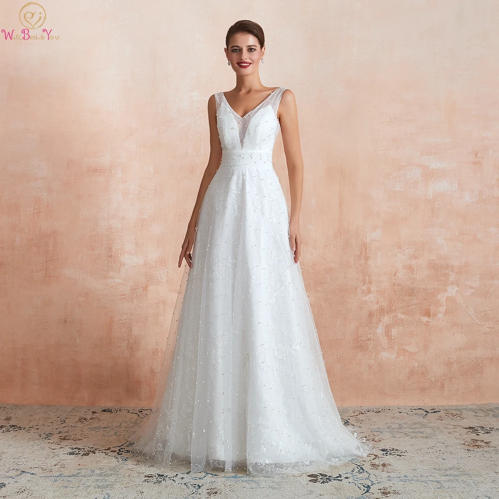Boho Wedding Dresses Beach A Line Pearl Lace V Neck Lace Simple Bride Gown Sleeveless Walk Beside You abiti sposa