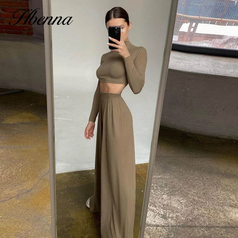 

Hbenna Two Piece Wide Leg Pant Set And Long Sleeve Crop Top Autumn Casual Elegant Turtleneck Minimalist Classic Outfit Female