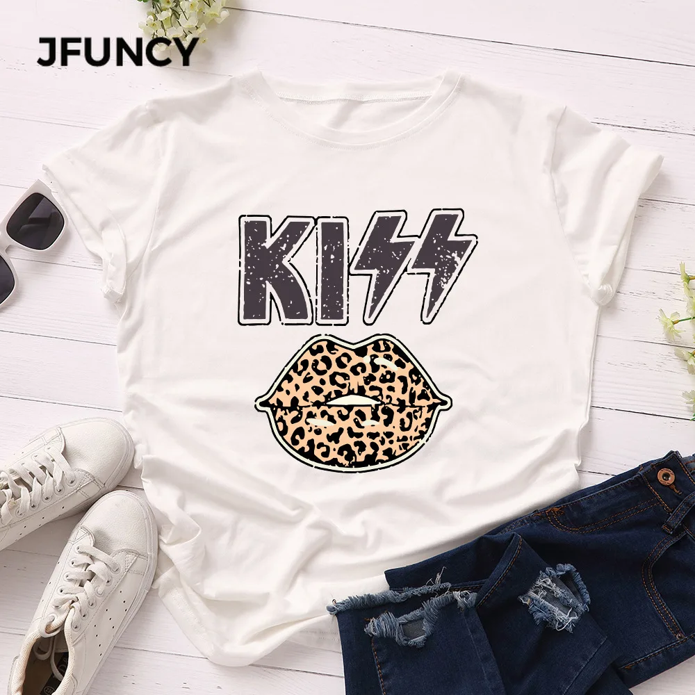 JFUNCY  Women T Shirt New KISS Print T-shirts Female Short Sleeve Cotton Tees Tops Woman Summer Tshirt