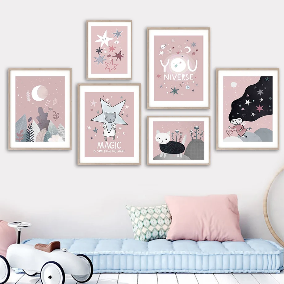 

Girl Sheep Flower Leaf Moon Star Quotes Cartoon Wall Art Canvas Painting Nordic Posters And Prints Wall Pictures Kids Room Decor
