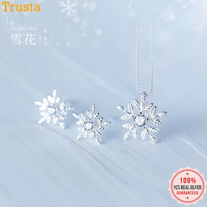 Trusta 100% 925 цельное Настоящее серебро 9mmX9mm серьги-гвоздики в виде снежинок короткое ожерелье с подвеской для девочек женские ювелирные изделия DS1144