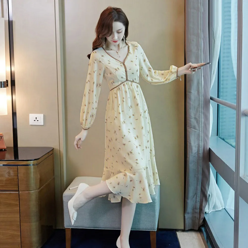 

Women Fashion Floral Korean Style Elegant Waist Slimming Vneck Long Sleeve Dress Women's Dress 2021 Fashion Robe