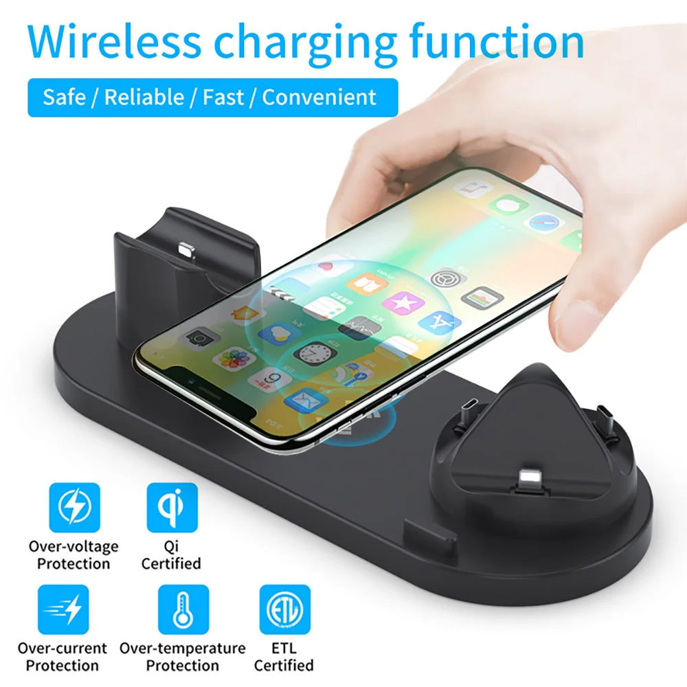 Беспроводная Зарядная Станция 6 в 1 для iPhone Android Type-C USB 10 Вт подставка быстрой