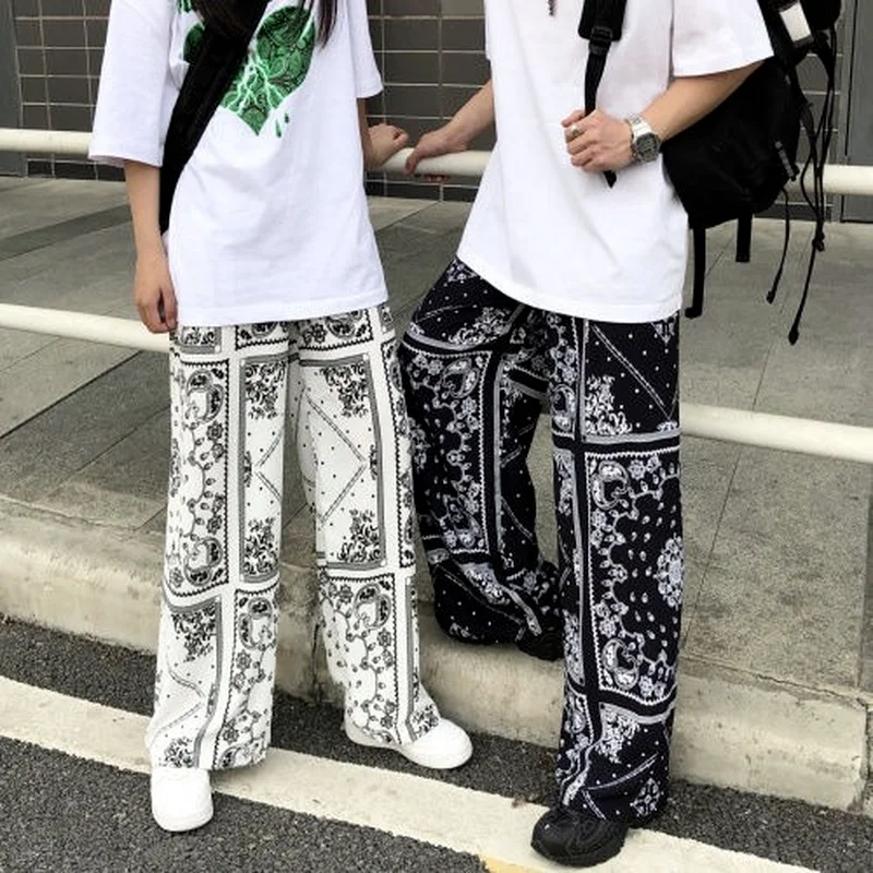 

QWEEK Harajuku Streetwear Black Wide Leg Pants Women Baggy Korean Style White Oversize Tie Dye Print Trousers For Female Hippie