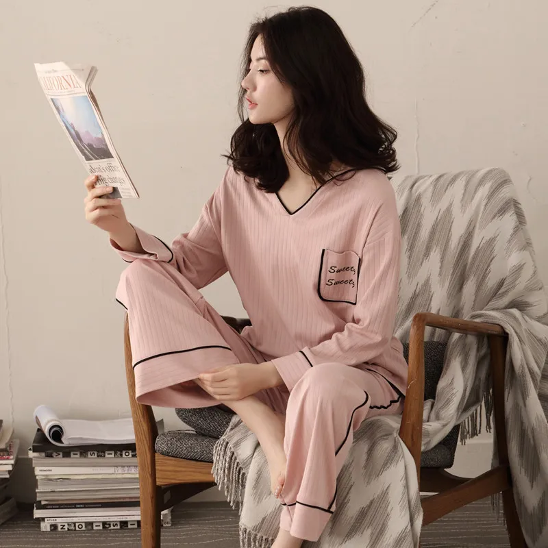 

Spring Autumn New Cotton Women's Pajamas Loose and Comfortable Long Sleeve Home Suit Can Be Worn Out Female Pyjamas Sleep Tops