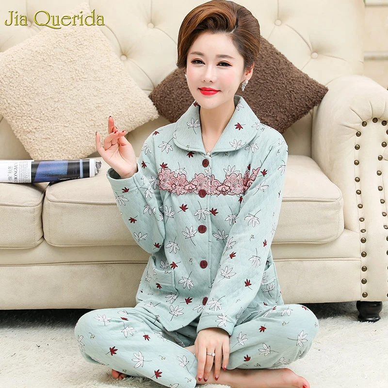 Элегантные зимние пижамы для женщин Хлопковая пижама с кружевной аппликацией