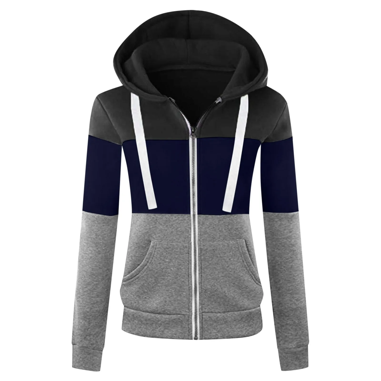 

Women Sport Tshirt Color Contrast Harajuku Patchwork T Shirt Long Sleeve Zipper Hooded Pocket T-shirt Top Women Clothing