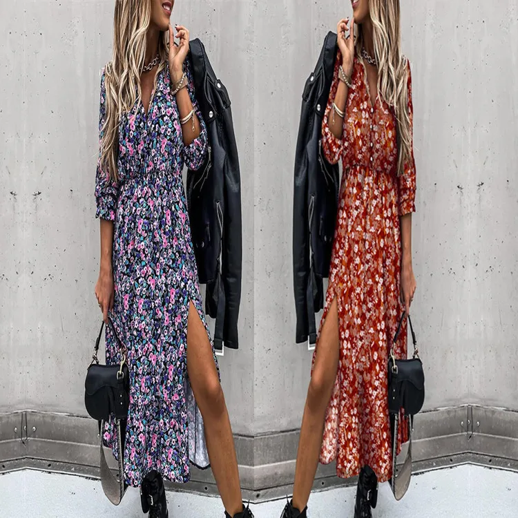 

2021 Fall V Neck Dress Women Casual Elegant Long Sleeve Split Long Floral Print Dress Female Boho Maxi Party Vestidos Clothing