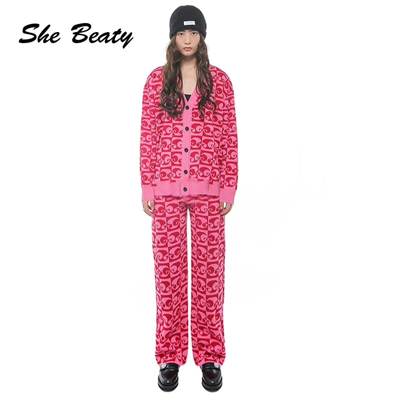 

She Beaty Knitted Sweater Cardigan And Long Pants Sets Women High Street Korean Fashion Vintage Two Pieces Suit Casual Outfits