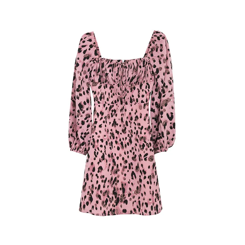 

Casual Women Leopard Pattern Pink Dress Ladies Square Neck High Waist Dress Female Puff Sleeve Party Dress for Summer Vestidos