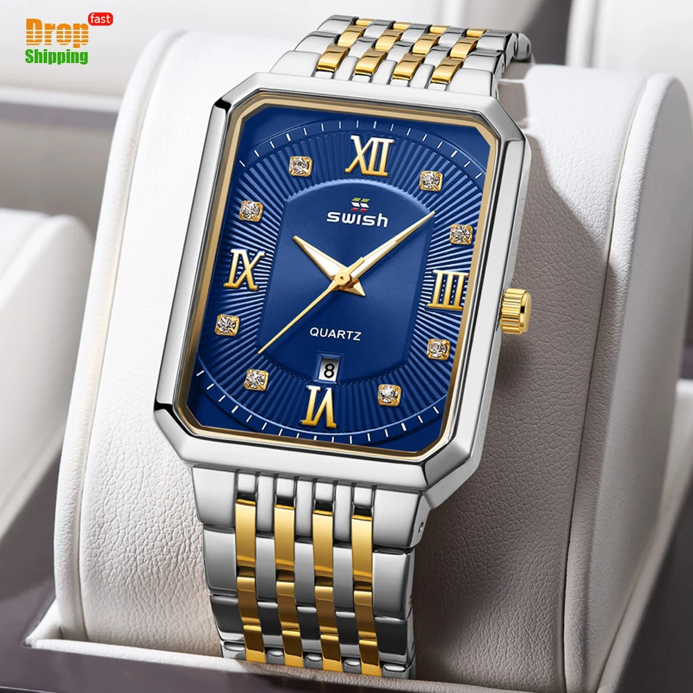 2023 Men Luxury Stainless Steel Gold Watch Top Brand Geneva Rectangle Quartz Watch Man Business Watches Mens Relogio Masculino