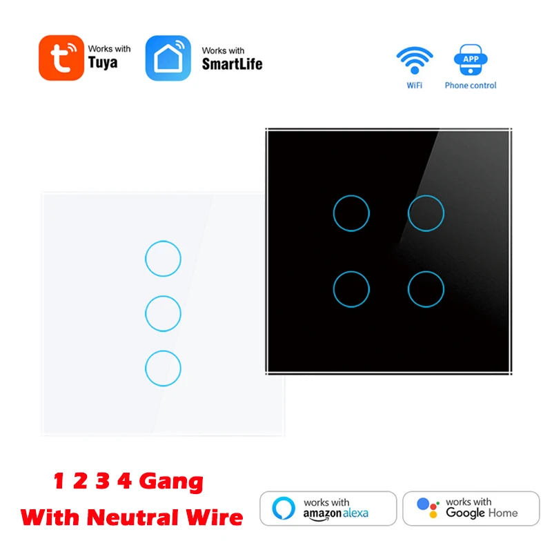 

Tuya WiFi Wall Touch Switch EU With Neutral Wire Required Smart Light Switch 1 2 3 4 Gang Smart Home Work With Alexa Google Home