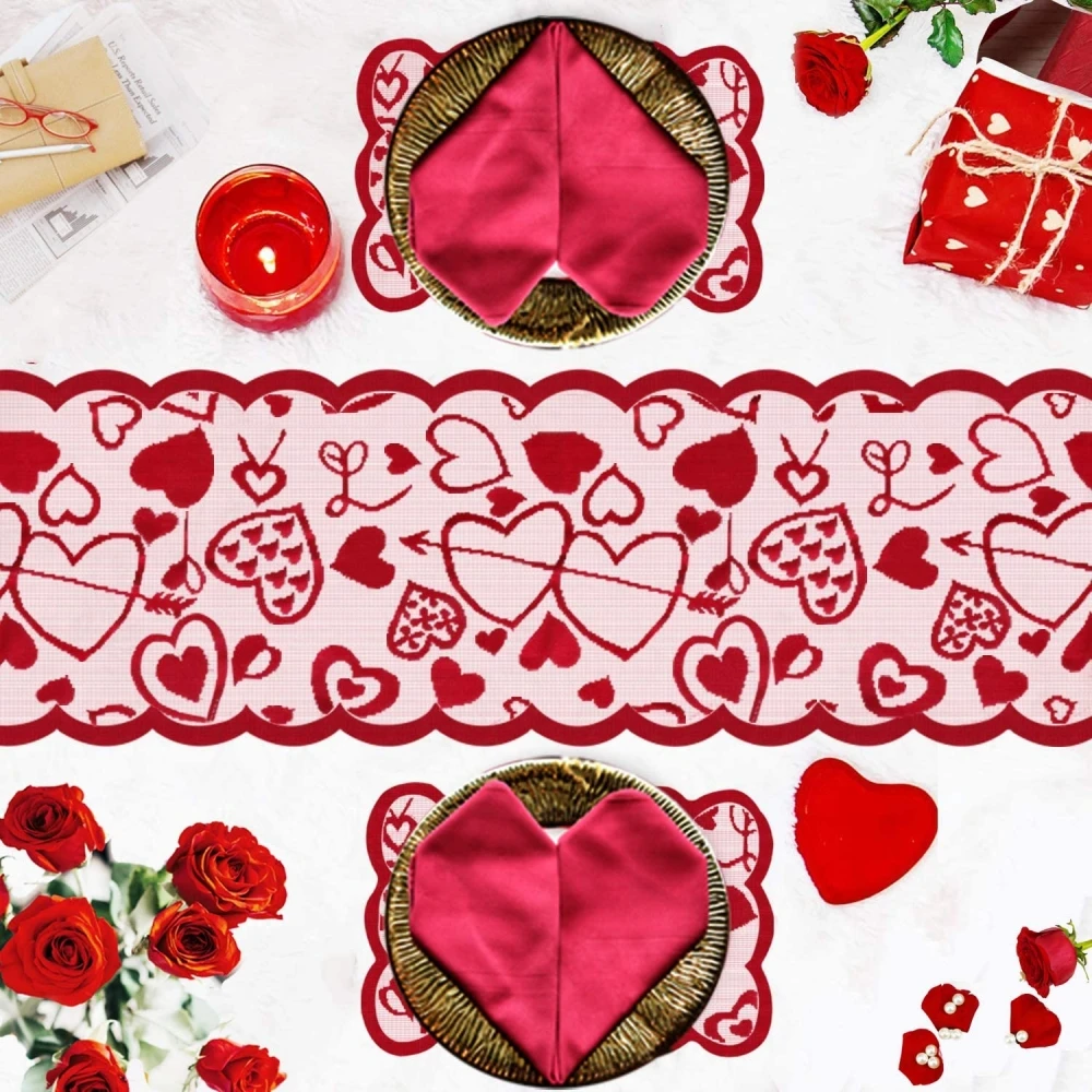 

Valentine's Day Red Heart Table Runners Polyester Wedding Modern Table Lace Fabric Tablecloth Covers Party Table Decoration