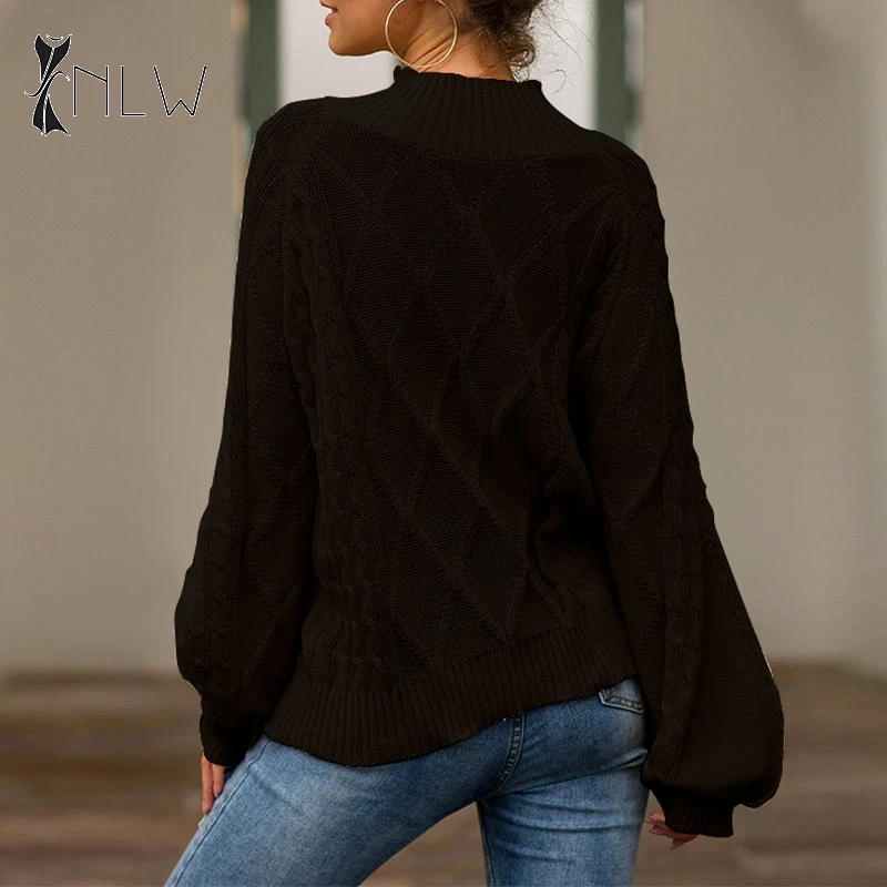 NLW Turtleneck Black Sweater Women Winter Oversized Knitted Sweater Jumper Fall Casual Lantern Sleeve Vintage Sueter Mujer