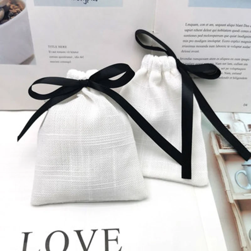 50pcs Jewelry Cotton Gift Bag With Black Ribbon 8x10cm Wedding Birthday Party Candy Pouch Jewelry Packaging Display&Pouches