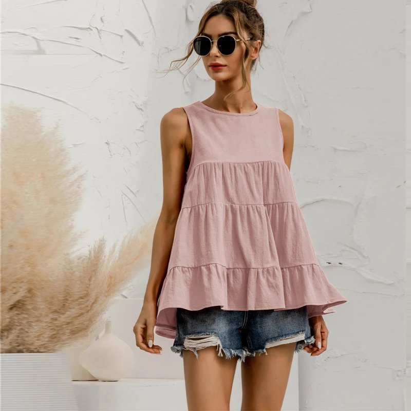 Camiseta sin mangas de cuello redondo para mujer, ropa de costura de sección múltiple, informal, holgada, gran Swing, Top sin mangas 2021