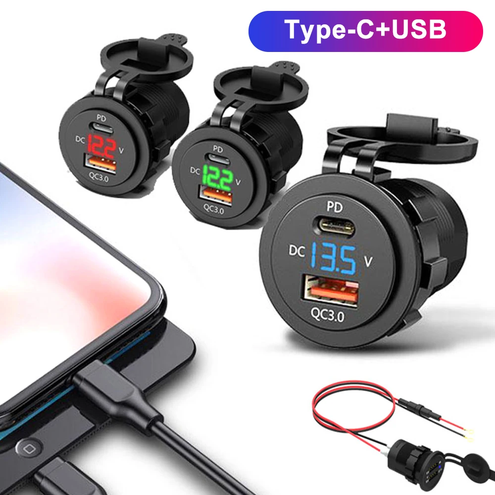 12V-24V Car Cigarette Lighter Motorcycle Dual USB Charger PD Quick Charge Chargers Socket Adapter With LED Voltmeter And Cable | Автомобили