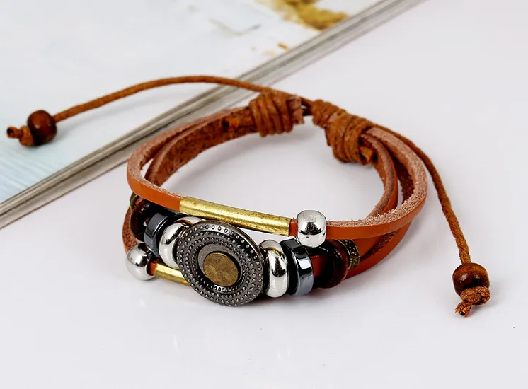 Плетеные браслеты из натуральной кожи в стиле ретро коричневого цвета круглые