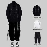 houzhou techwear mens sets black cargo pants mens shirt kit long sleeve shirts korean streetwear hip hop harajuku spring