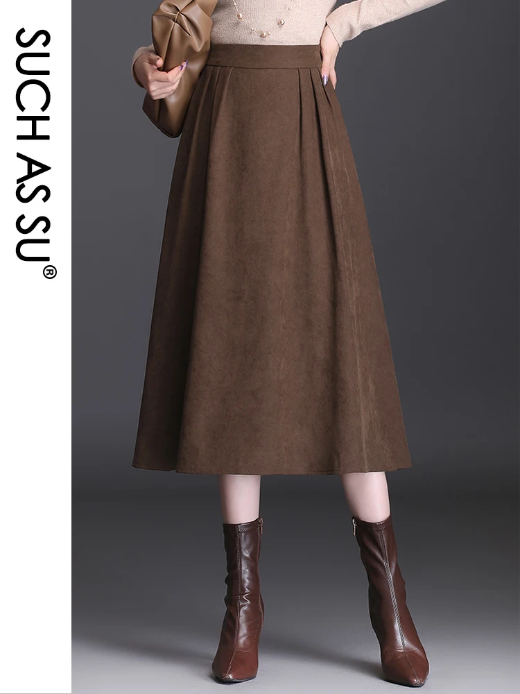 

SUCH AS SU New Wool 2021 Women Black Brown High Waist Pleated Skirt Autumn Winter S-3XL Size Female Mid-Long Skirt 7128