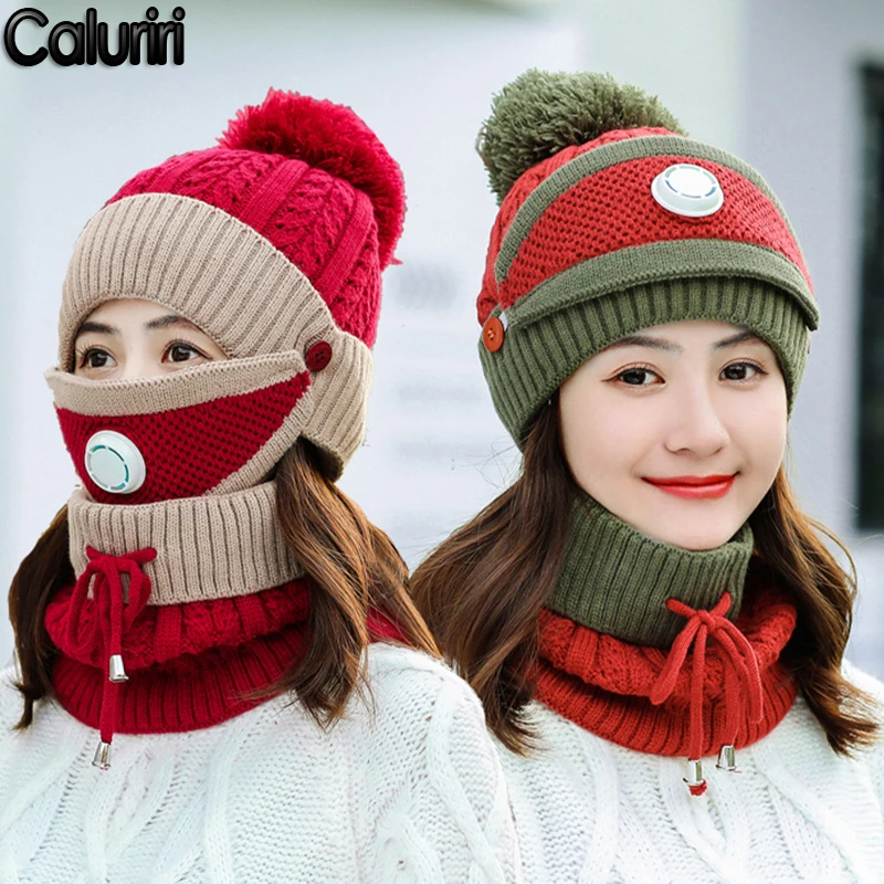 

Caluriri New Windproof Beanies Hat Women Warm Knit Hats Scarf Sets Winter Padded Mask Neck Protector Mouth Caps Scarf Wool Caps