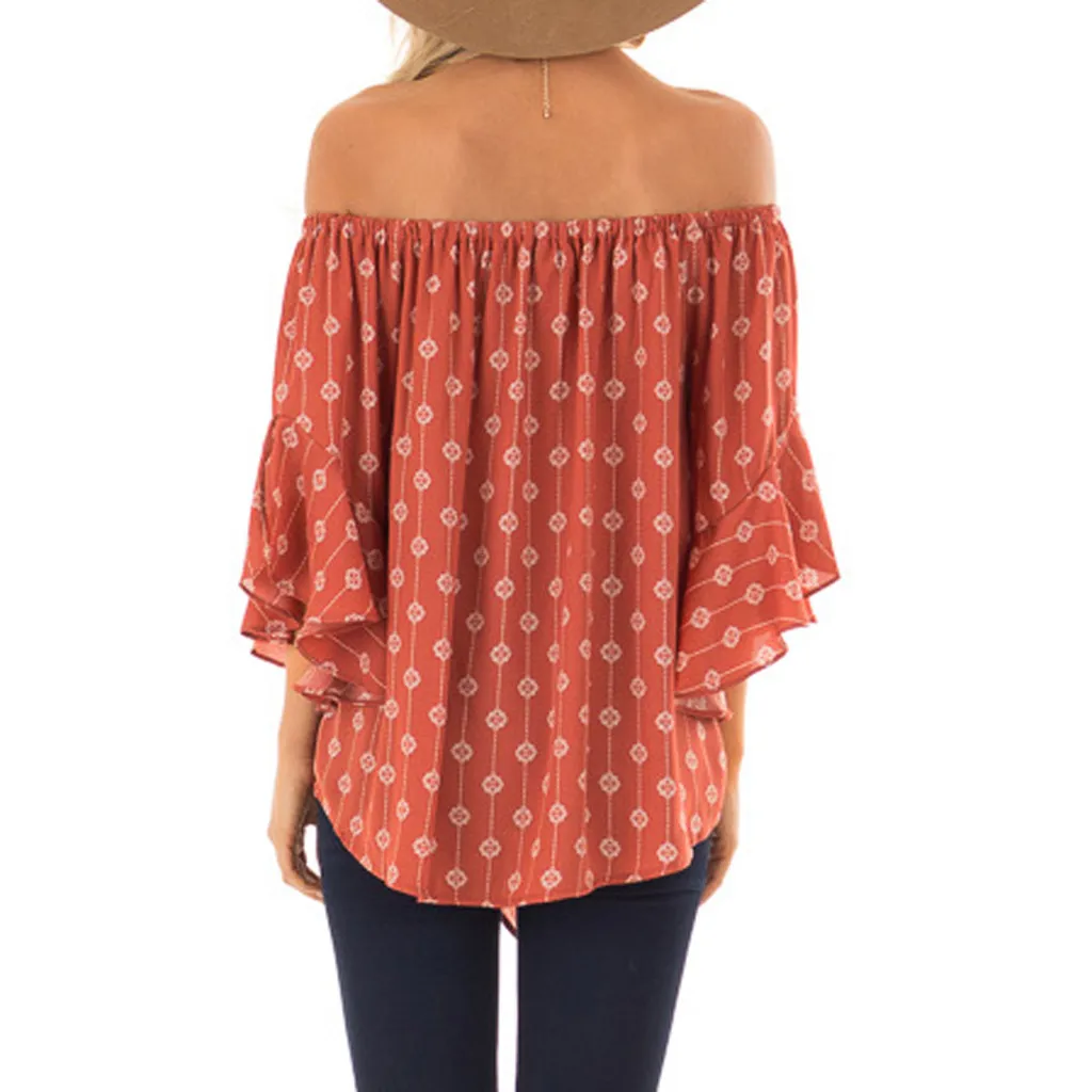 Womens Off Shoulder Top Retro Print Three Quarter Sleeve Tops And Blouses Summer VogueTunic Shirt Tie Blusas Femininas |