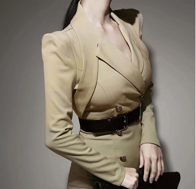 

autumn Winter Korean style OL temperament women V collar double-breasted professional dress