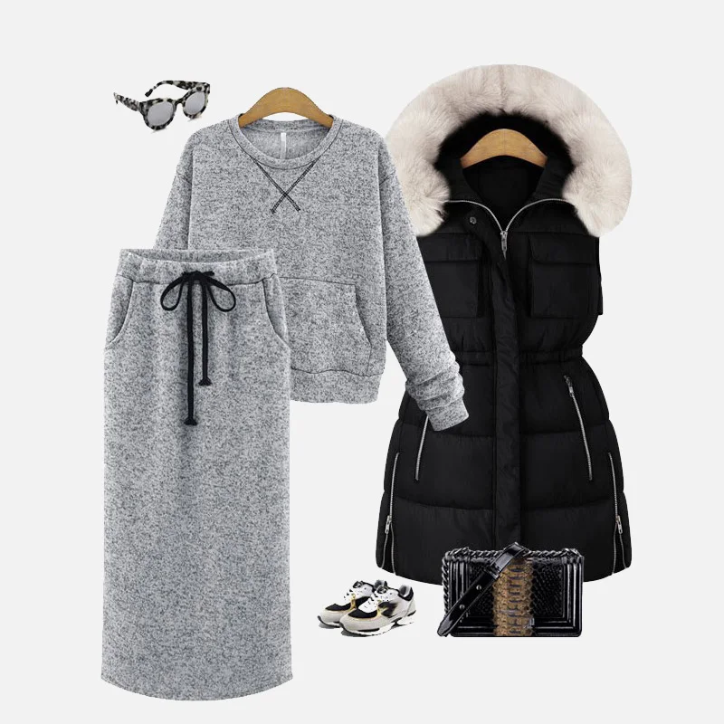 

Ribbon Womens 2 Piece Set Sweatshirts Skirts Winter Drawstring Calf-Length Skirt Suits 2021 Casual Female Pockets Pullover Suit