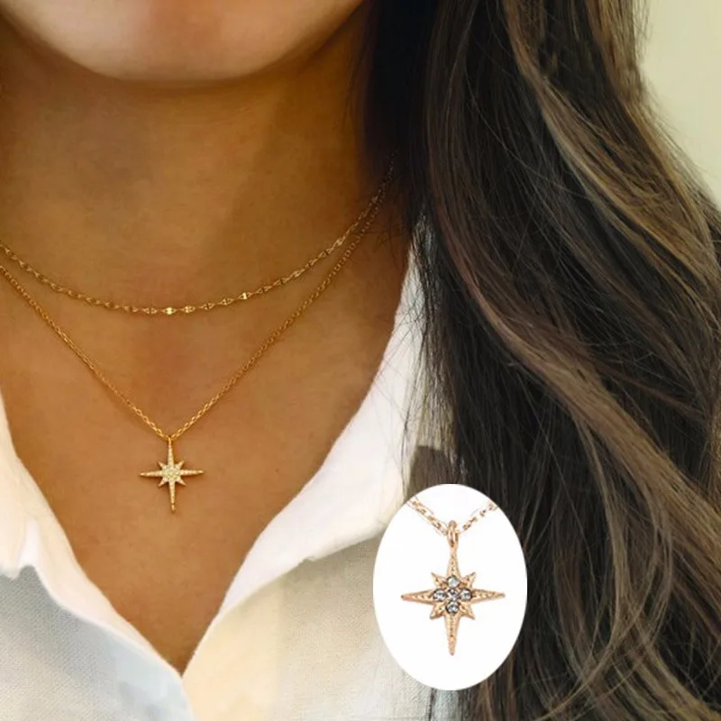 

Multilayer Necklace Ladies Necklaces Women Pentagram North Star Pendant Girls Jewelry Silver Color Trendy Korean Alloy Collares