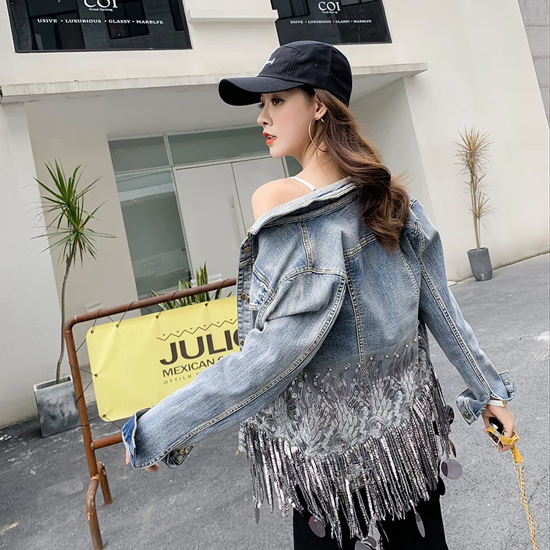 

JSXDHK New Luxury Women Denim Jacket Coat Fashion Autumn Sequined Embroidery Tassel Beading Ladies Single Breasted Cowboy coat