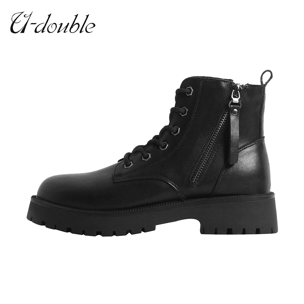 

U-DOUBL Brand Fashion Ankle Boots Platform Women Calfskin Leather Round Toe Zip Lace Up High Street Style Ladies Shoes Handmade